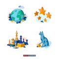 Trendy flat illustration set. Globe. Stars. Chess pieces.